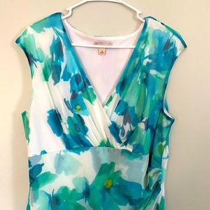 Floral spring dress in aqua & blues on white.